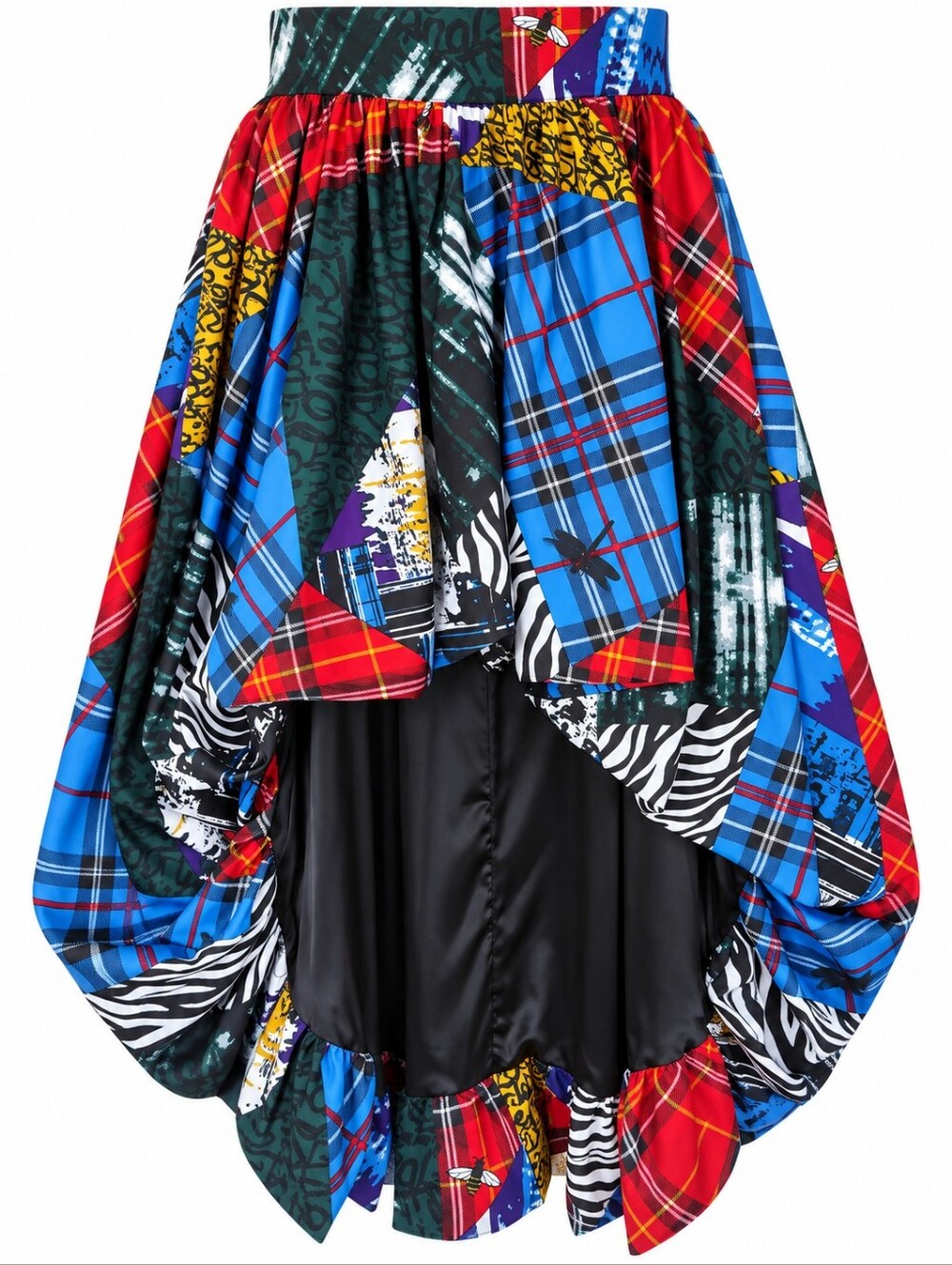 7th Avenue NY & Co Mixed Print High Low Bubble Skirt Patchwork Plaid Zebra L Art
